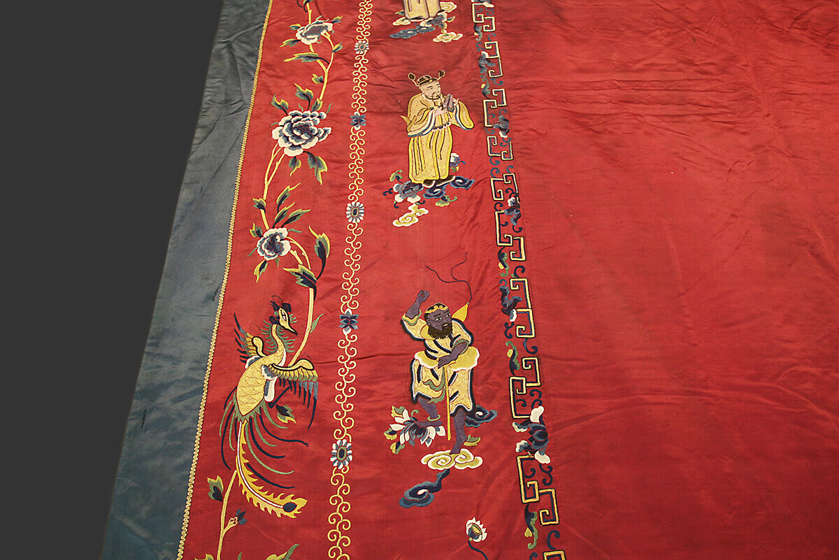 Chinese Imperial Signed Antique Silk and Metal Thread Embroidery (Immortals and Fu Dog) (320x188 cm)